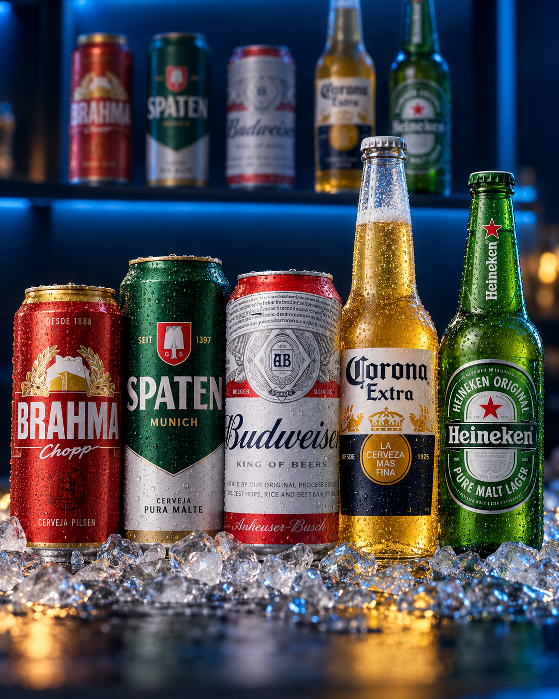 Composição ilustrativa de cervejas Brahma, Spaten, Budweiser, Corona e Heineken no gelo