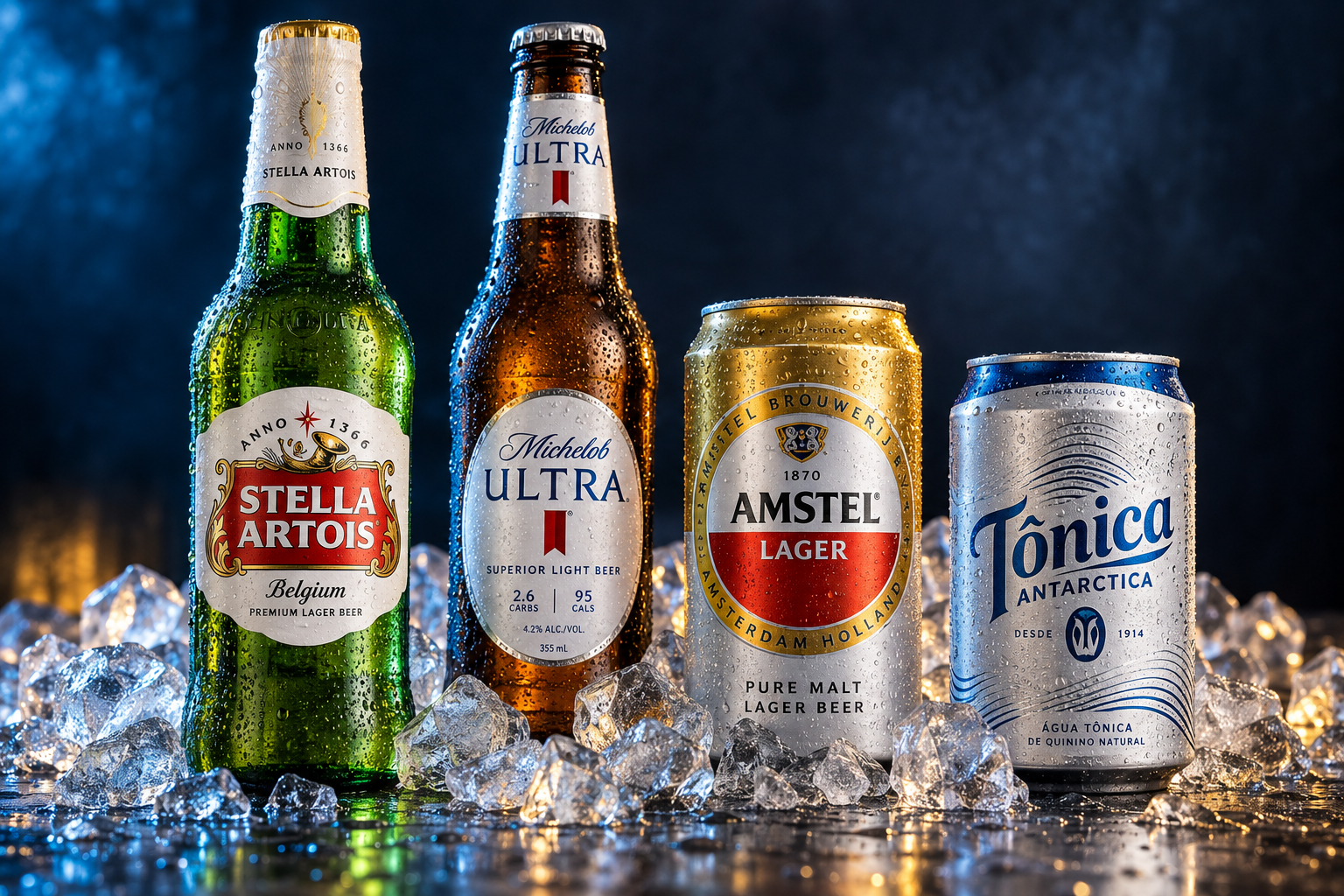 Composição ilustrativa de Stella Artois, Michelob Ultra, Amstel e Tônica Antarctica no gelo